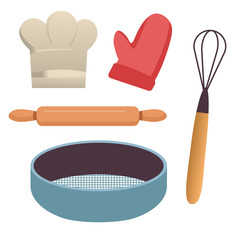 Baking tools, kitchen equipment, sieve and rolling pin, whisk and potholder