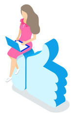 Woman working on laptop, sitting on big thumb up. Isolated character with personal computer. Worker inputting data, looking at monitor. Lady developing business project. Vector in flat style
