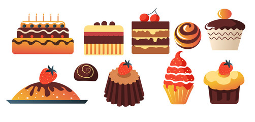 Chocolate Birthday cake and cupcakes, sweets and muffins, isolated icons