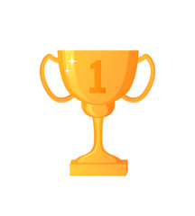Golden cup, glossy prize, first place, winner symbol, championship element of goal, first place, flat design style of shiny award, trophy equipment vector