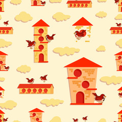 Sparrow background. Birdhouse pattern. Vector spring set with birds near houses and clouds. Design for children's clothing, fabric, textile, baby jewelry.