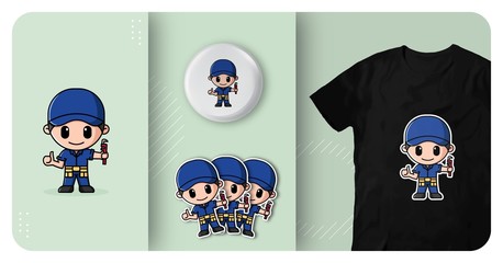 cute plumber with thumb up and holding pipe wrench logo character mascot t shirt badge and sticker design