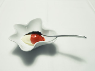 Close up of small plate with a spoon full of ice cream and red jam
