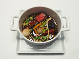 casserole dinner in white kitchen crockery