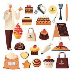 Bakery shop, baker and confectionery or pastry food, isolated icons