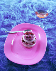 Pink and blue color cake dish with pink drink