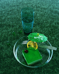green Pastry disk with green drink over green furry background