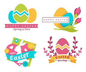 Happy Easter isolated icons, color eggs and bunny