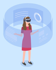 Woman use glasses of interactive or augmented reality to look at infographics. Lady in headset and visualization of information around her, data charts on virtual board. Vector illustration in flat