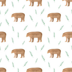 Watercolor cute bears seamless pattern on white background. Perfect design for children, nursery,  kids textile, fabric. Cute woodland watercolor pattern. 