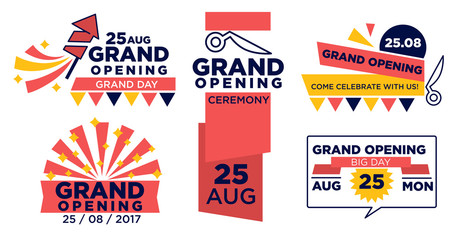 Grand opening ceremony isolated icons, scissors and ribbon
