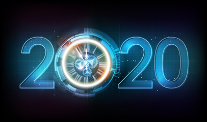 Happy New Year 2020 celebration with white light abstract clock on futuristic technology background, countdown concept, vector illustration