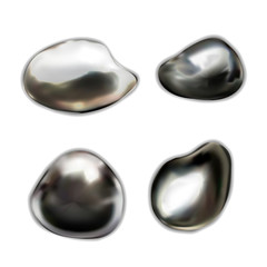 Set of glossy liquid metal drops on white