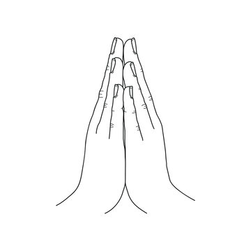 Mudra. Hand greeting posture of namaste linear illustration. Thin line namaste EPS 10 vector illustration isolated on white background.