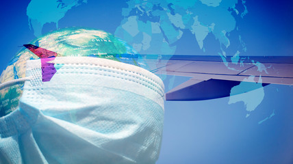 double exposure of world map and plane wings