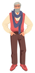 Old man in stylish outfit with glasses and scarf, isolated character