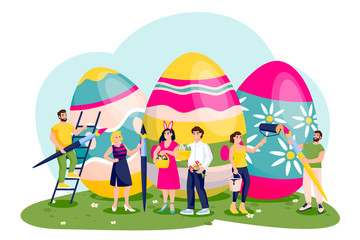 Celebrating Easter. Vector illustration of happy people painting Easter eggs. Holidays design elements and characters.