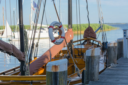 AHRENSHOOP ON THE DARS - JULY 29, 2018: Zeesenboot named Blondine in the harbor of Ahrenshoop at the Baltic Sea, Germany.