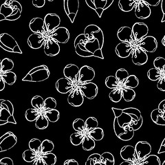 Seamless pattern of white sakura or cherry flower on black background. Intermittent line -  imitation hand draw with chalk or pen. Texture in doodle and minimalism style. 