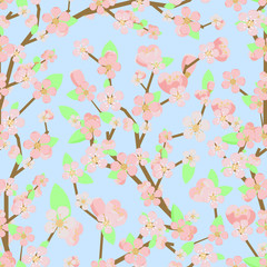Seamless pattern of branches blossom sakura or cherry trees on the blue sky background. Bright illustration in flat style on spring theme. 