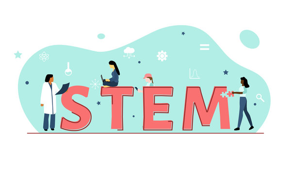 Vector illustration showing girls or women in STEM (Science, Technology, Engineering, Mathematics against a green background with symbols including equal sign, cog, cloud, graph, stars and a beaker.