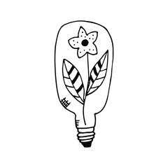 Hand drawn light bulb with flower vector illustration.