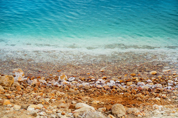 Coastline of Dead Sea. Dead sea landscape with mineral structures.