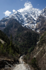 Dos senderistas rodeados de naturaleza caminando hacia una enorme montaña 