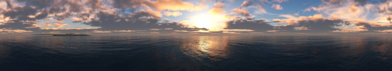 Naklejka na ściany i meble Beautiful panoramic sunset at sea, ocean landscape at sunrise, 3D rendering