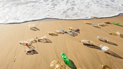 Plastic disposable bottles washed up by the incoming tide litter and contaminate a beach.