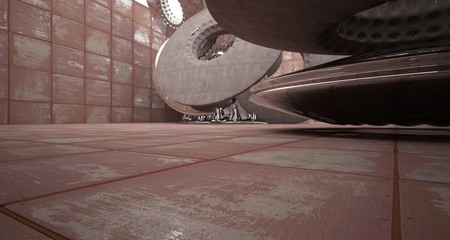 Abstract architectural background. Rusted metal interior with concrete and chrome  discs . 3D illustration and rendering.