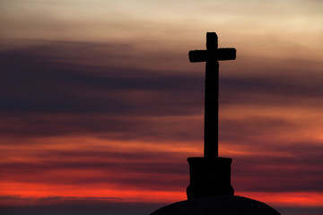 Cross Silhouette at Sunset, Sao Mamede Mountain, Povoa de Lanhoso, Braga,  Portugal.