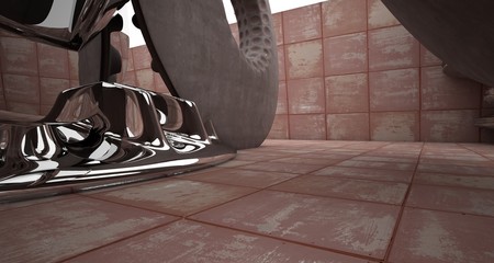 Abstract architectural background. Rusted metal interior with concrete and chrome  discs . 3D illustration and rendering.