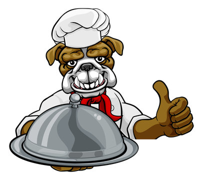 A bulldog chef mascot cartoon character holding a silver platter cloche dome of food peeking round a sign and giving a thumbs up