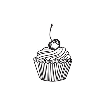 Hand drawn doodle sketchy illustration of home baked cupcake with whipped buttercream cherry on top. Creative food pastry drawing template for bakery wedding party desserts