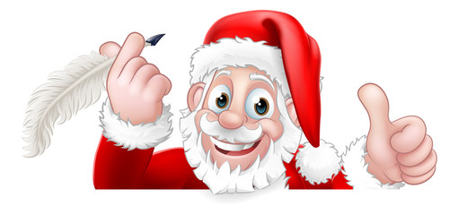 Santa Claus cartoon character peeking over a sign holding a quill pen. Christmas gift, naughty and nice list or letter to Santa concept. - obrazy, fototapety, plakaty