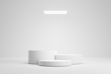 Empty podium or pedestal display on white room and light background with futuristic stand concept....
