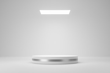 Empty podium or pedestal display on white room and light background with futuristic stand concept....