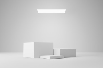 Empty podium or pedestal display on white room and light background with futuristic stand concept....