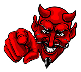 A devil or satan pointing finger at you mascot cartoon character - obrazy, fototapety, plakaty