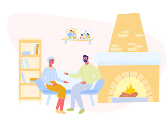 Man and Mature Mother Communicate at Home. Sit on Sofa near Fireplace. Vector Illustration. Meeting with Parents. Son Talk with Mother at Home. Family Spends Time Together. Cozy Home Interior.