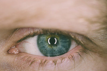 Close-up of the eye, macro photo. The iris is green-blue. Copyspace. The concept of ophthalmology,...