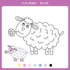 Simple educational game for kids. Illustration of funny sheep eating a flower for coloring book