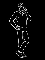 Fototapeta na wymiar Man talking on the phone. Front view. Monochrome vector illustration of adult man in jacket walking in simple line art style. White lines isolated on black background. Concept.
