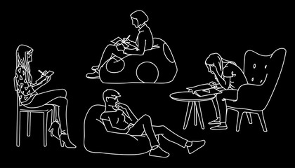 Women sitting in different poses. Sketch. Vector illustration of various girls sitting on chairs or on pillows in simple line art style isolated on black background. Concept. Monochrome minimalism.