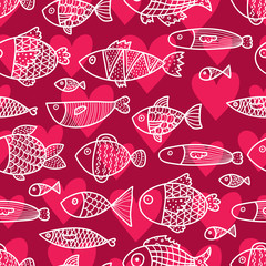Cute fish and hearts.  Kids  background. Seamless pattern. Can be used in textile industry, paper, background, scrapbooking..