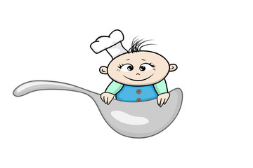 A cute smiling child, with funny ears and a bangs, in a chef's hat peeks out of a soup ladle.