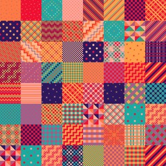 Bright colorful patchwork pattern from square patches. Multicolor print for fabric and textile. Quilt design. - obrazy, fototapety, plakaty