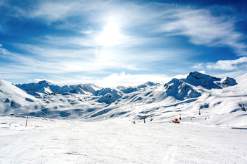 Winter landscape of mountains and free space for your decoration. 