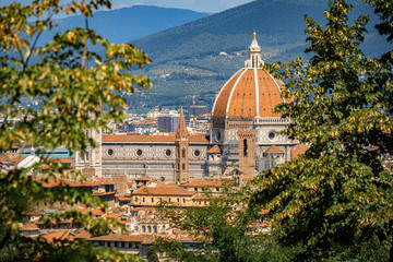 Fototapeta na wymiar Beautiful distant view of the Cathedral of Florence in hot summer day. Travel destination Tuscany, Italy